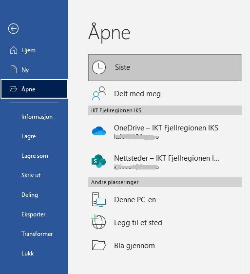 Skjermbilde: åpne fil i Word