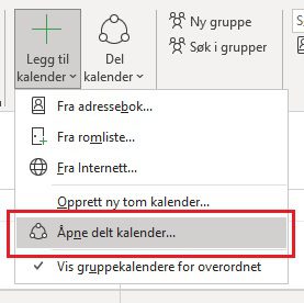 Skjermbilde - åpne delt kalender i Outlook