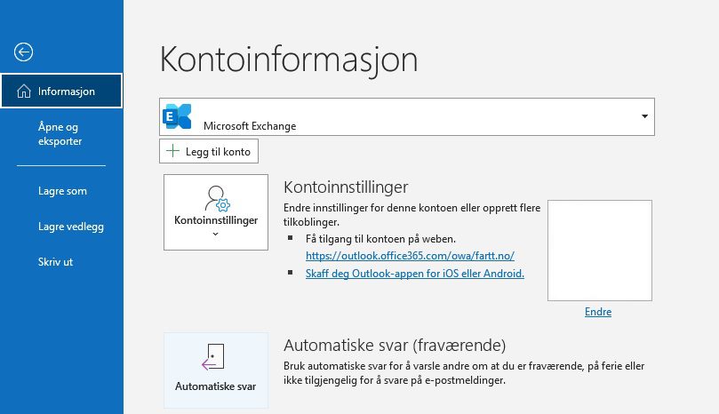 Skjermbilde i Outlook - Kontoinformasjon