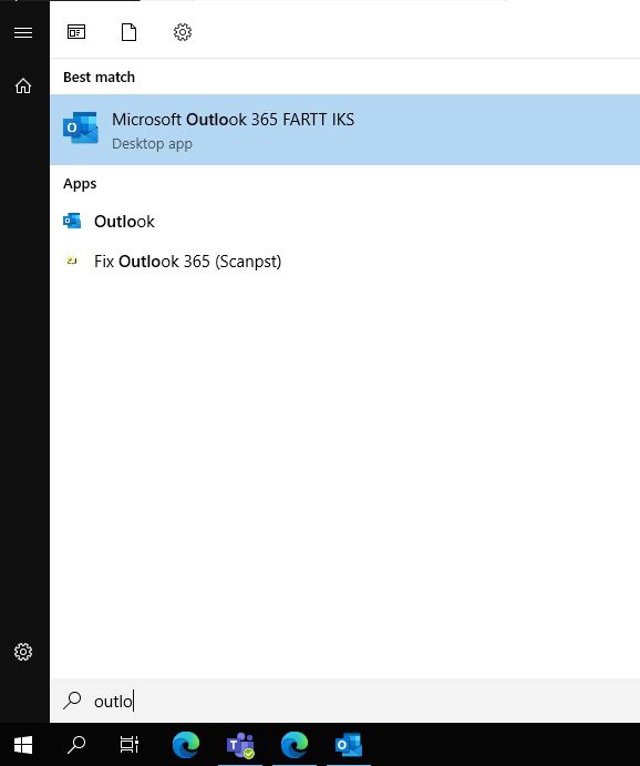 "Skjermbilde: Outlook i startmenyen på Window