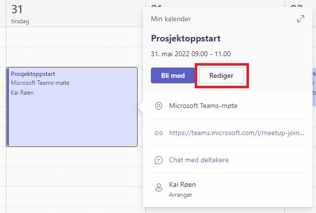 Skjermbilde: endre møtet i Teams