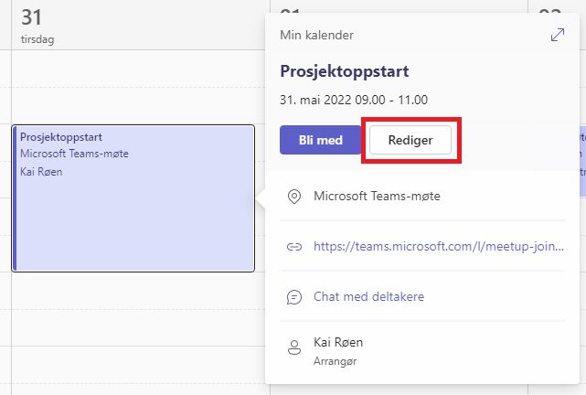 Skjermbilde: endre møtet i Teams