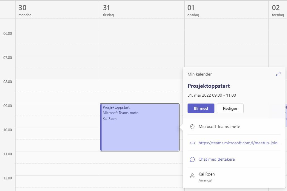 Skjermbilde: kalenderoppføring i Teams