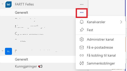 Skjermbilde av kanalinnstillinger i Teams