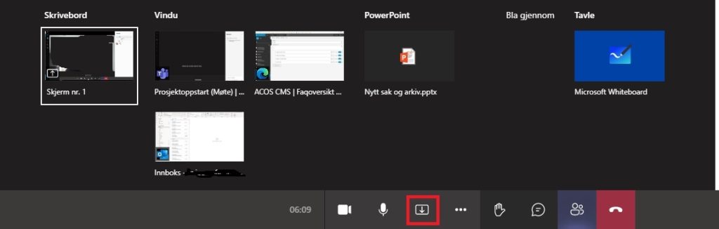 Skjermbilde for deling av skjerm i Teams