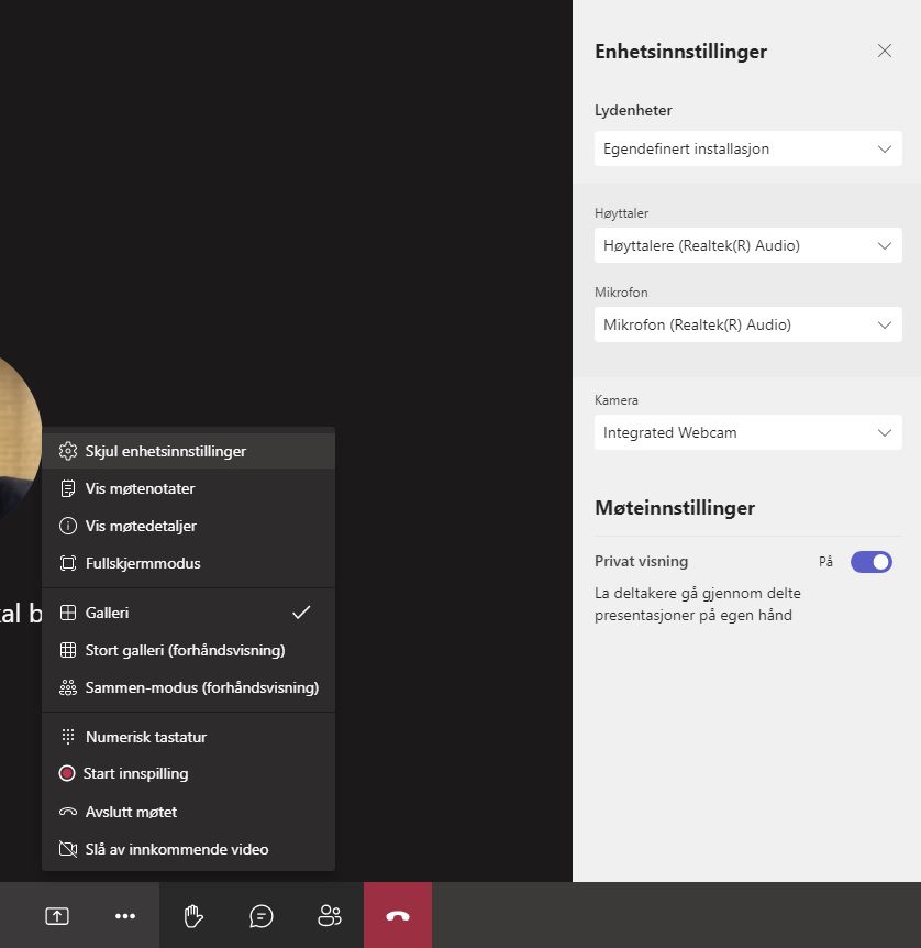Skjermbilde av enhetsinnstillinger i Teams under ett møte