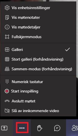 Skjermbilde av innstillinger i Teams under ett møte