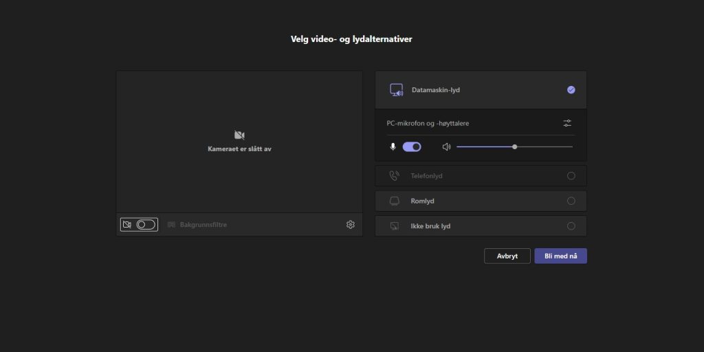 Innstillinger i Teams lokalt på PC