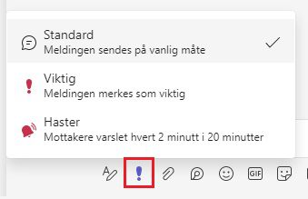 Skjermbilde for å angi viktighet i en samtale i Teams APPen