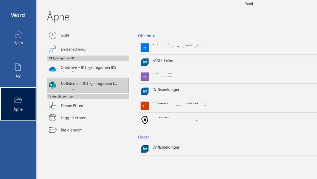 Skjermbilde for åpning av dokumenter i Word fra Teams kanal