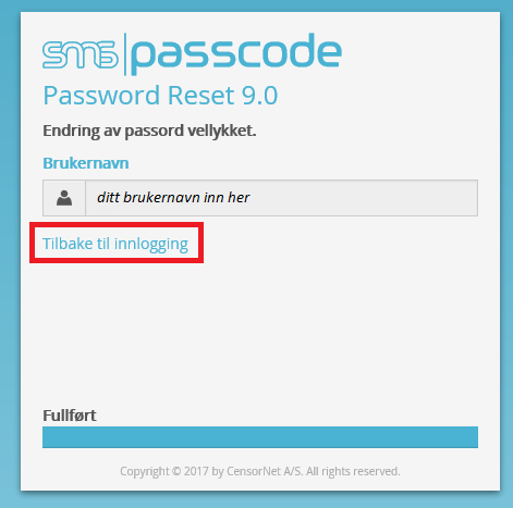 Skjermbilde fra SMS Passcode på innlogging - klikk på tilbake til innlogging