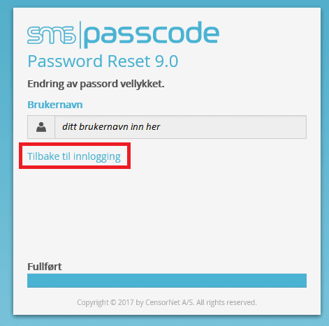 Skjermbilde fra SMS Passcode på innlogging - klikk på tilbake til innlogging