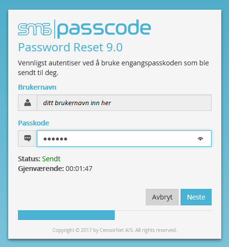 Skjermbilde fra SMS Passcode på innlogging - oppgi passkode