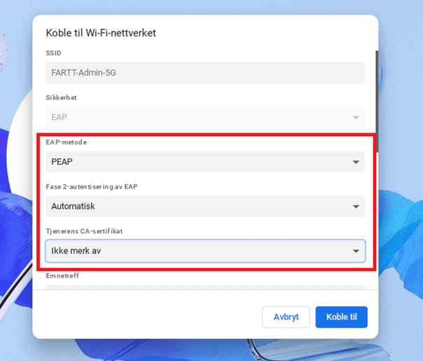Wifi autentiseringsmetode på Chromebook
