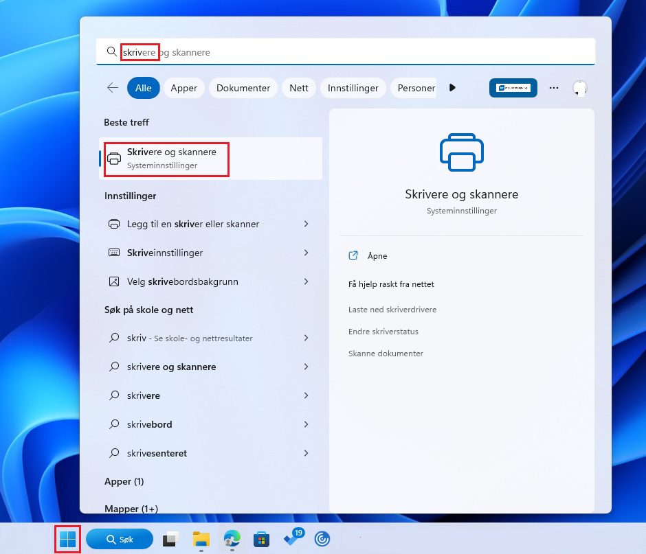 Startmeny i Windows 11 og søk etter "Skrivere og skannere"