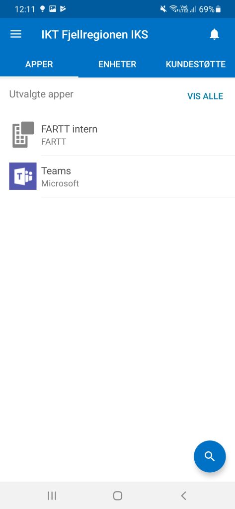 Skjermbilde på Firmaportalen til FARTT på Android mobil