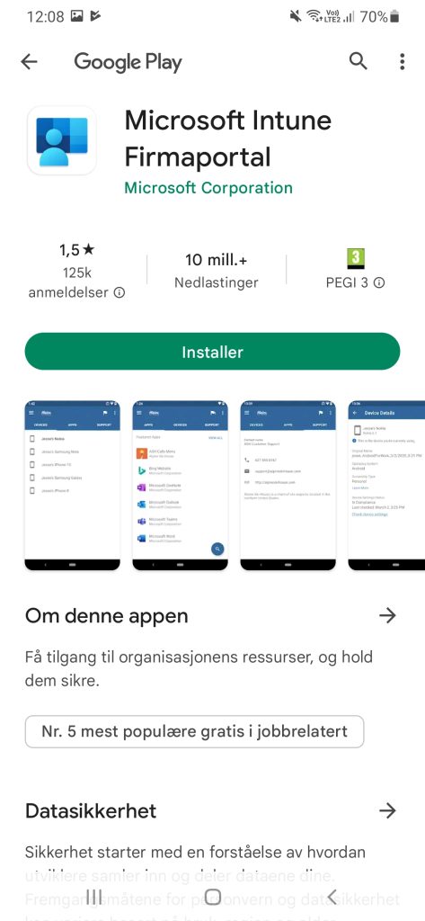 Skjermbilde fra Google Play på installasjon av Microsoft Intune Firmaportal