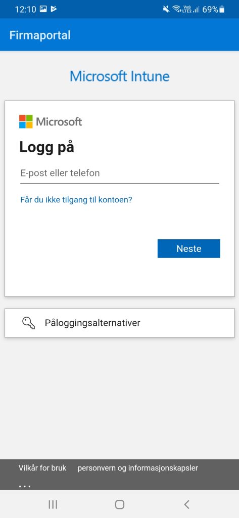 Skjermbilde fra Android på innlogging i Microsoft Intune