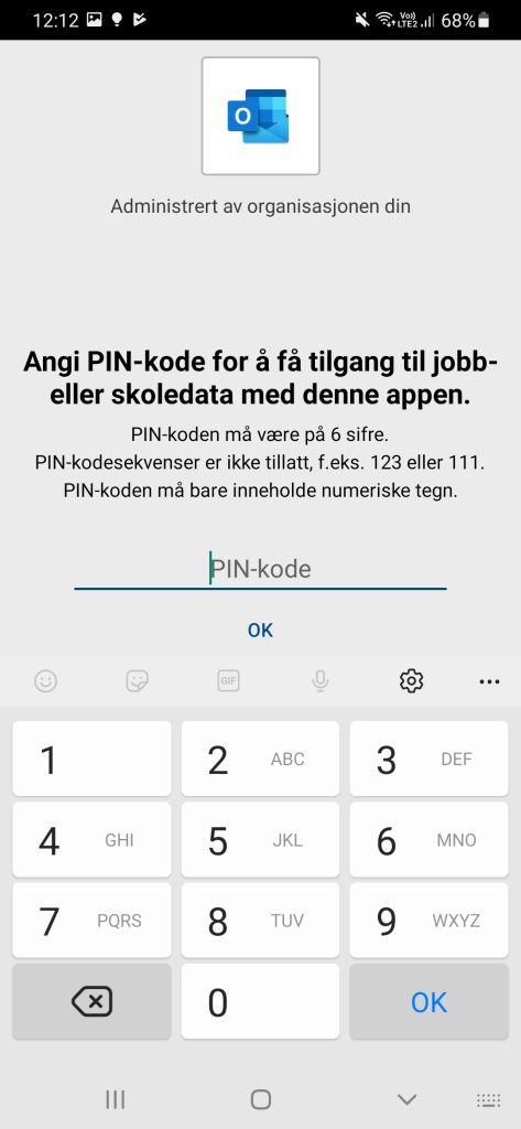 Skjermbilde på å sette PIN kode i Microsoft Intune Firmaportal