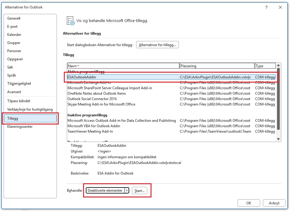 Valgt ESAOutlookAddin under TIllegg i Outlook