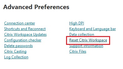 Avanserte innstillinger med valg for nullstilling av Citrix Workspace
