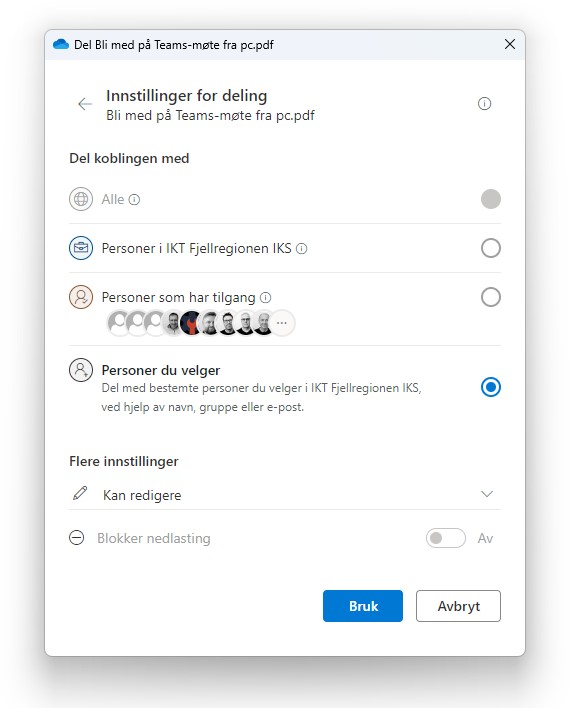 Skjermbilde med deling av fil utenfor organisasjonen