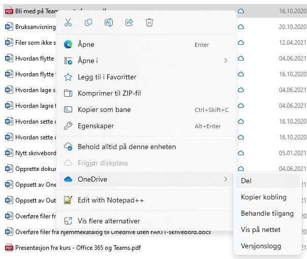 Skjermbilde fra deling av en fil i OneDrive på Windows 11
