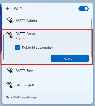 skjermbilde med tilkobling til FARTT-Ansatt Wifi i Windows 11