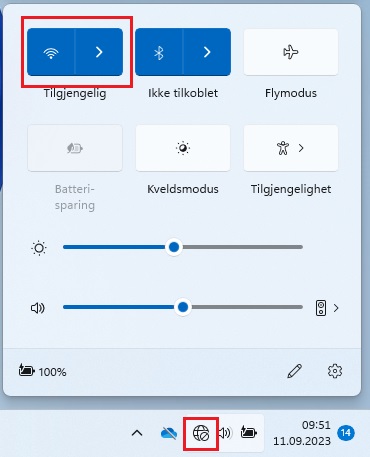 skjermbilde med WiFi tilgjengelighet i Windows 11