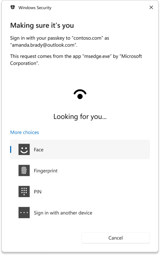 Pålogging av med Windows Hello for bruk av Passkey