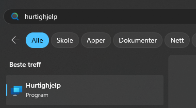 Illustrasjon søkeresultat i Windows 11 startmeny: Hurtighjelp, program.