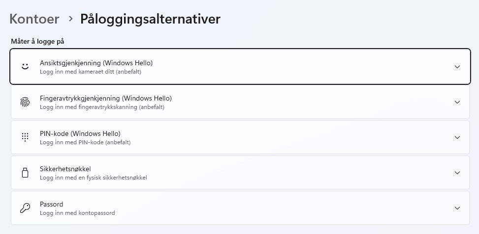 Påloggingsalternativer i Windows 11