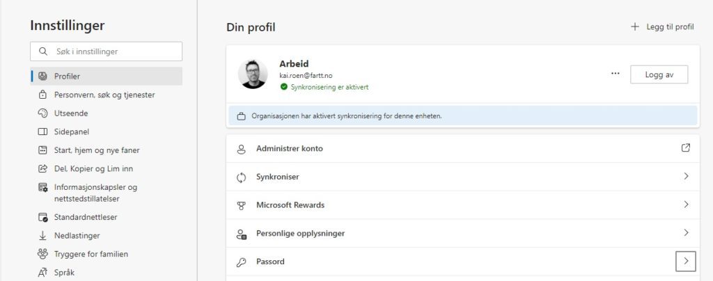 Skjermbilde fra "Din profil" i Microsoft Edge nettleseren