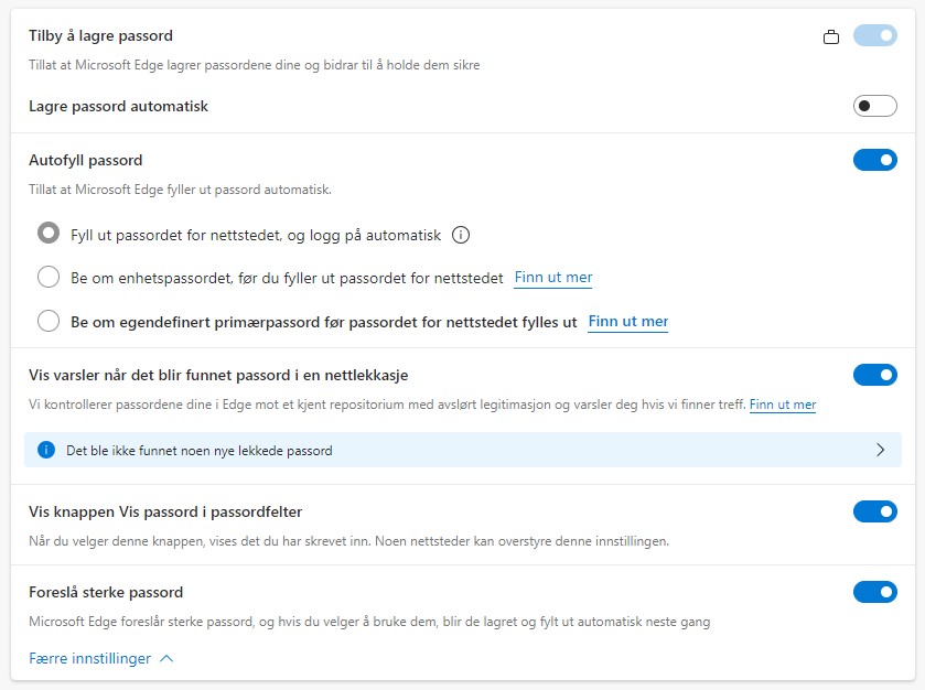 Skjermbilde fra innstillinger for passord i Microsoft Edge nettleseren