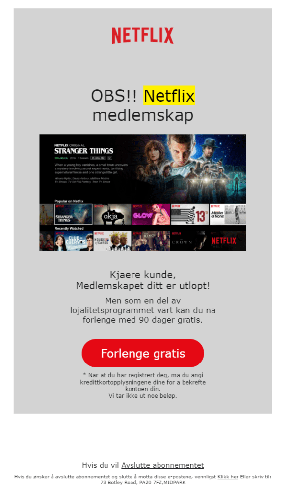 Eksempel på søppelpost fra Netflix