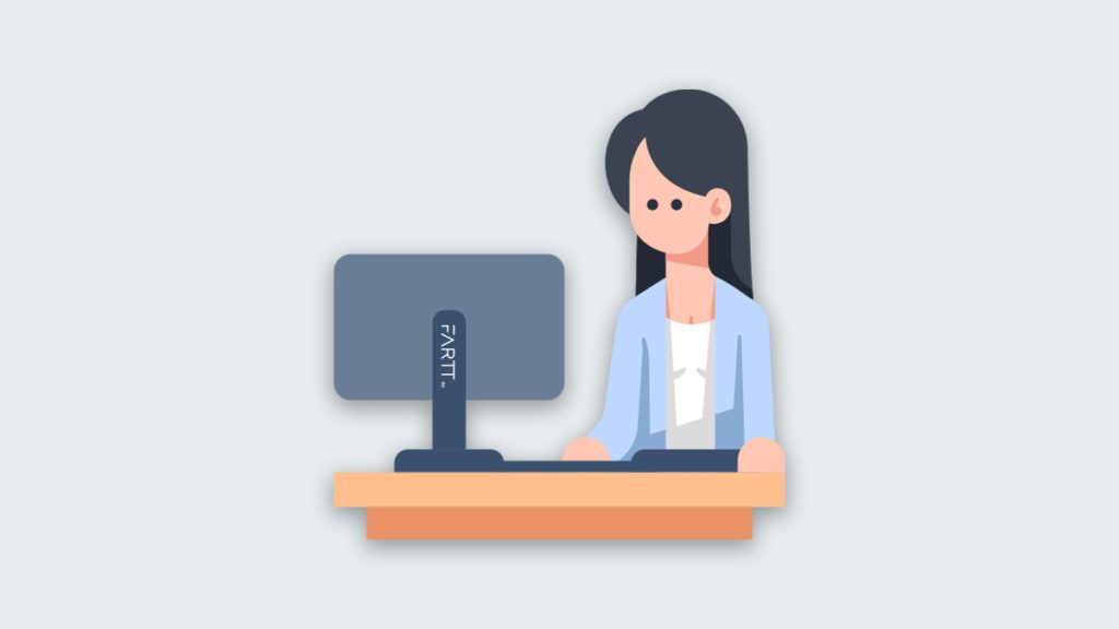 Illustrasjon av ei dame som sitter foran en PC skjerm